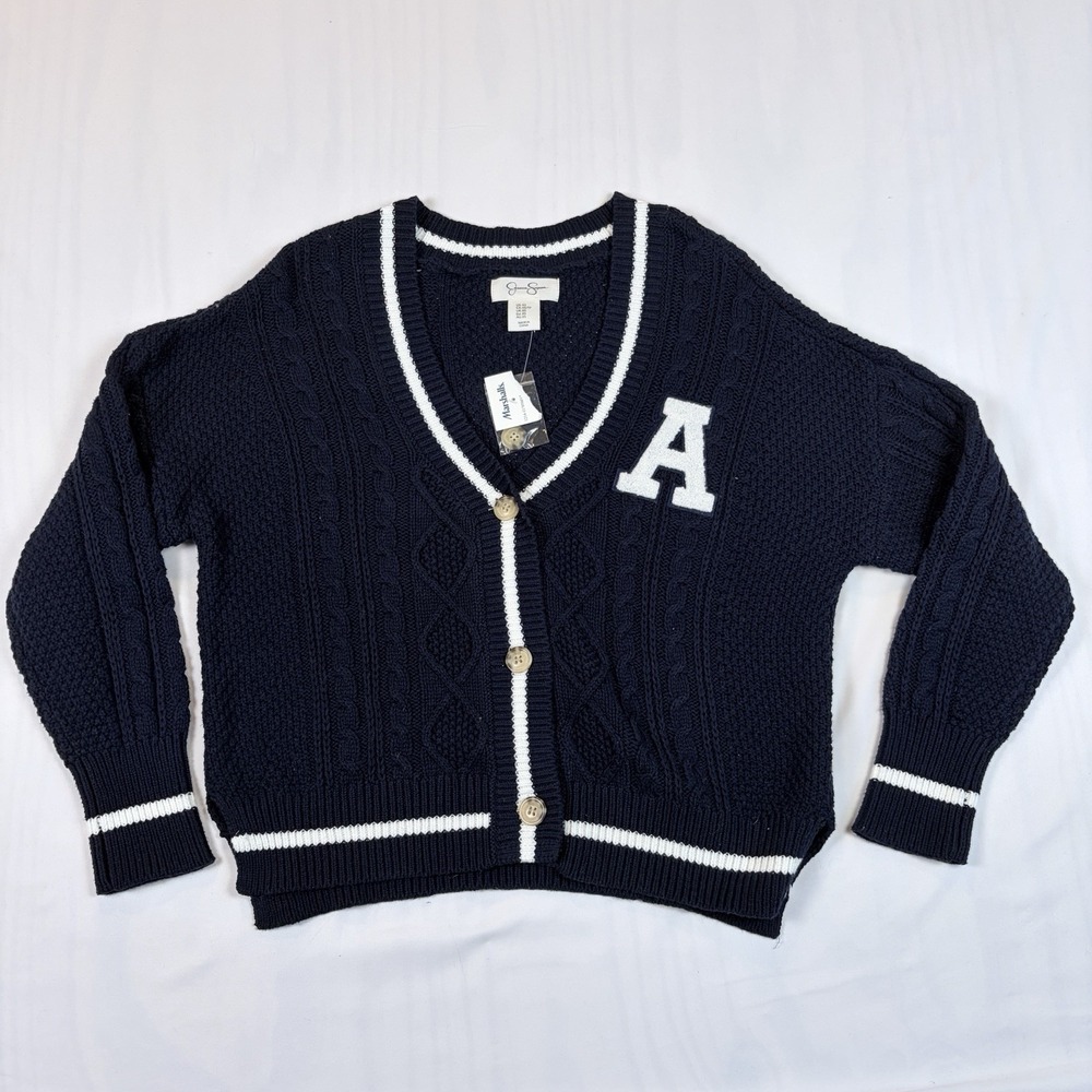 NWT Jessica Simpson XS Cable Knit Cardigan V Neck Navy White Varsity Tennis Prep